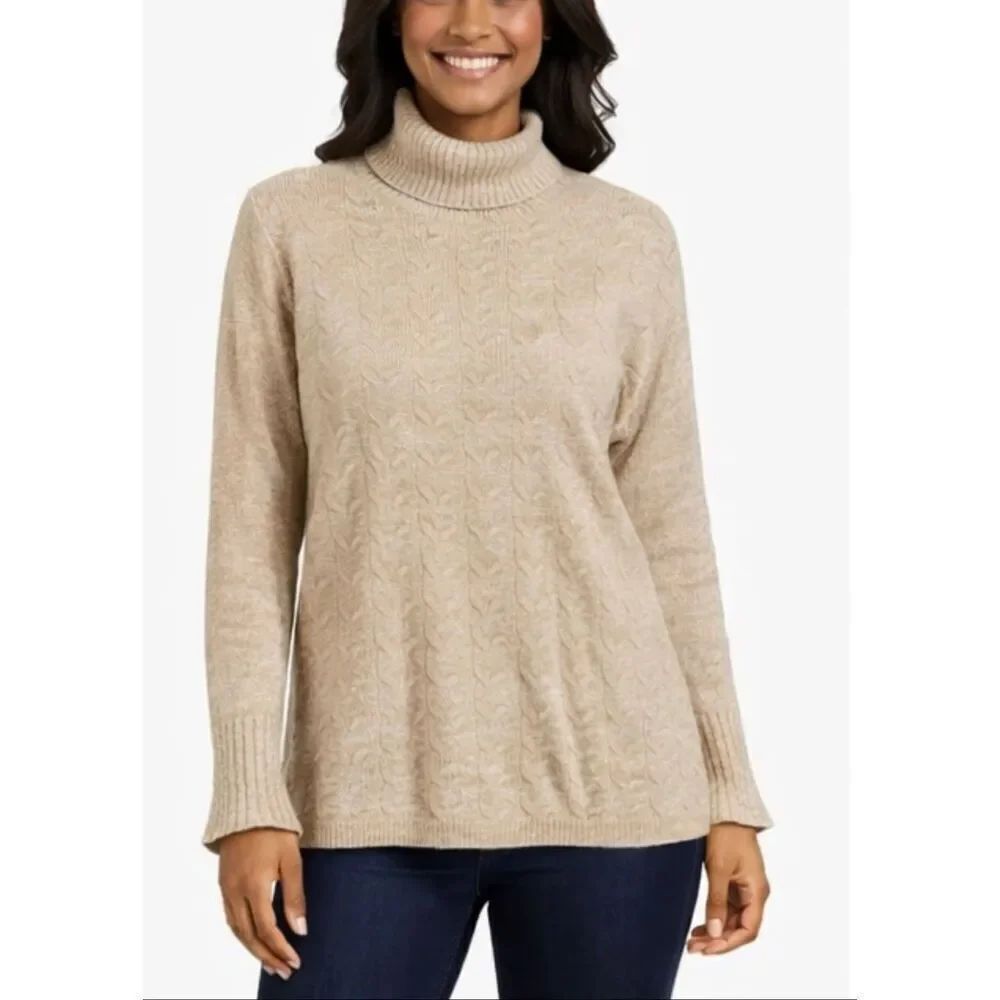 Bianco & Blu camel wool cashmere tan cableknit turtleneck sweater